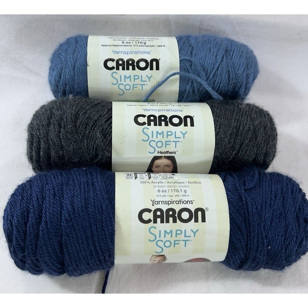 3 Skeins Caron Simply Soft Yarn Country Blue Dark Country Blue Charcoal Heather